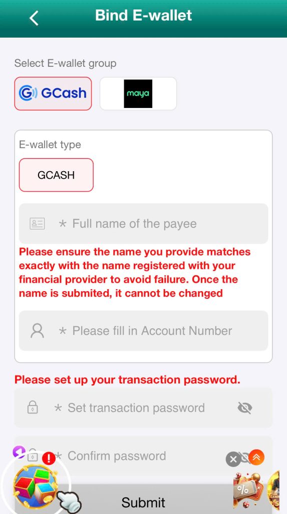 Enter the bank information transaction password